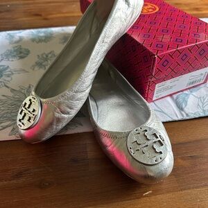 Tory Burch Silver Flats with Medallion Logo